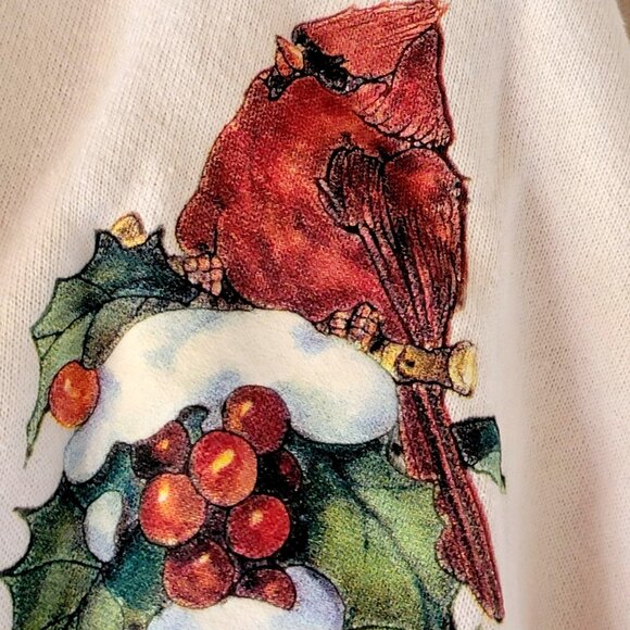 Vintage 90s Jerzees Cream Cardigan With Festive Cardinal & Holly Print Design - Picture 5 of 14